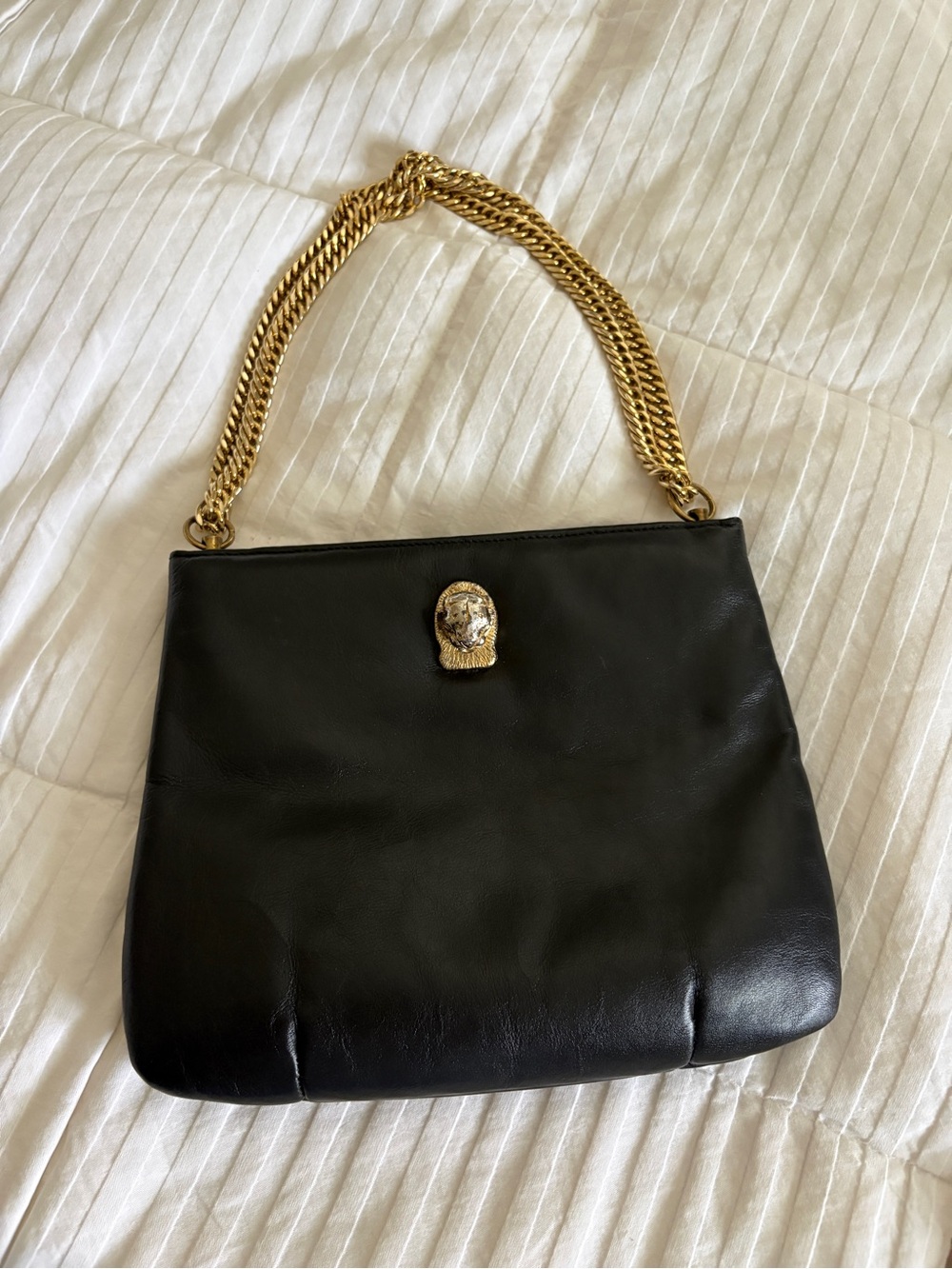 Vintage 70's Ruth Saltz Black Leather Cougar Head Convertible Shoulder Bag
